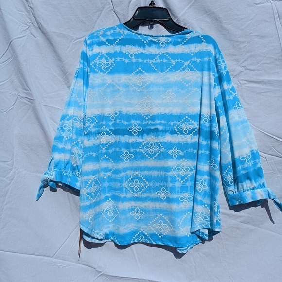 Ruby Rd. Aqua blue tie dye women's top 3/4 tie sleeves size Large Modest New - Picture 6 of 6
